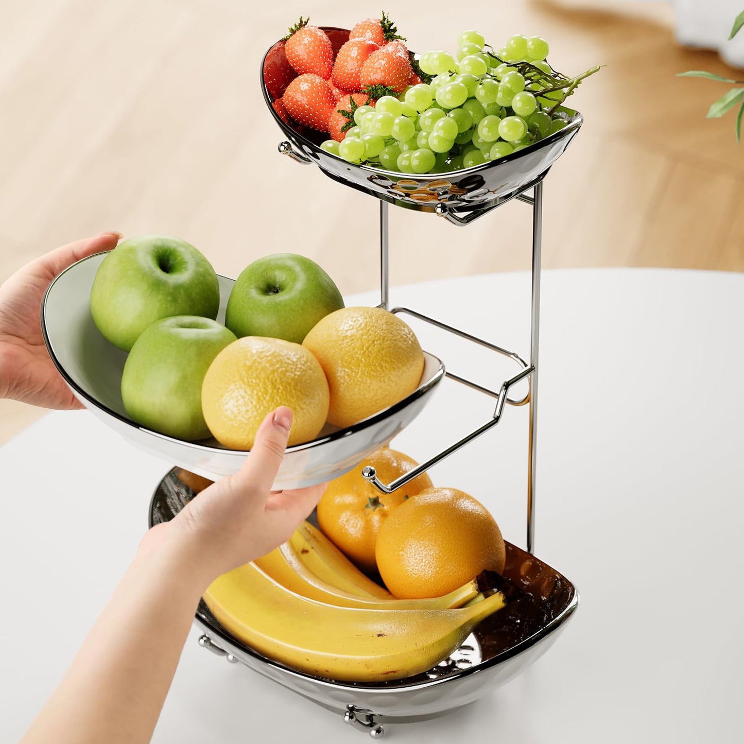 Acliy's 3-tier ceramic fruit bowl for kitchen, perfect for storing fruits and vegetables, snacks, nuts, desserts, and cakes. Great for parties and weddings.