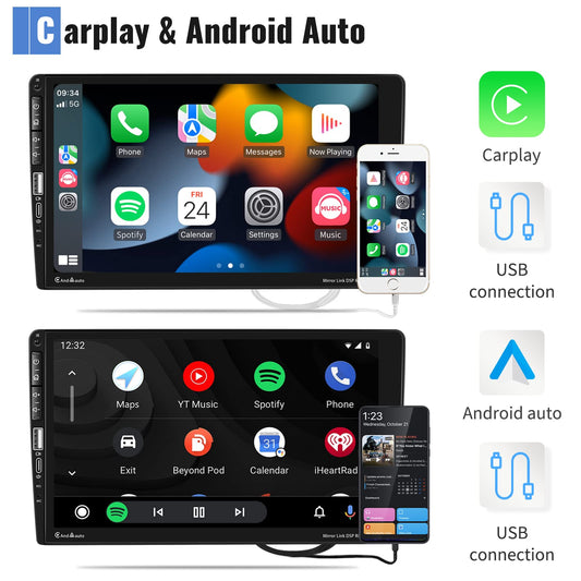 1 Din car stereo with Apple Carplay Android Auto Bluetooth hands-free system 9-inch touchscreen car stereo with Mirror Link Bluetooth FM radio USB/AUX/TF/EQ steering wheel control + rearview camera microphone