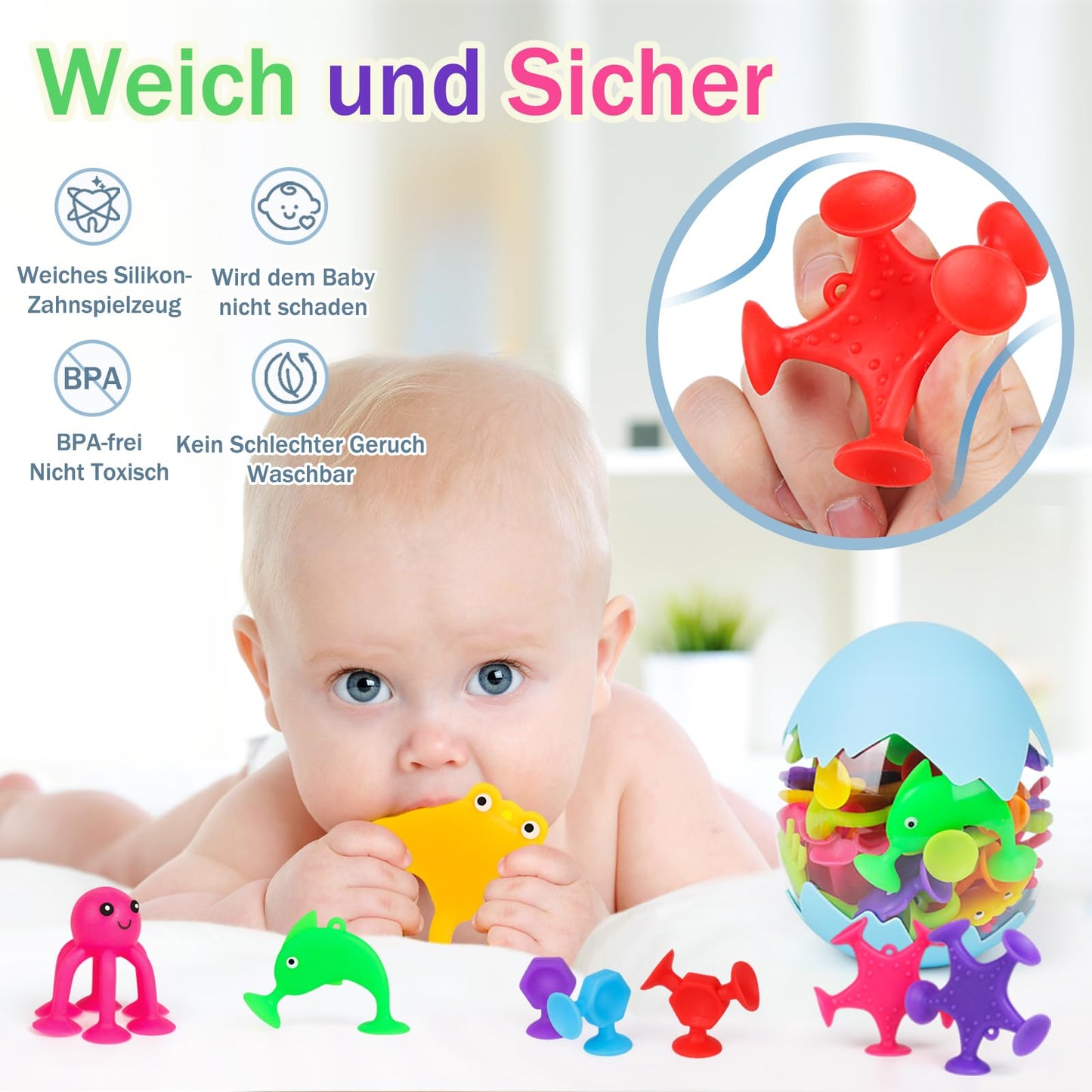 Suction cup toy, 50 pieces sensory silicone building blocks suction toy, bath toy for babies from 3 years with dinosaur egg storage, children stress relief gift for 4 5 6 year old boys and girls.