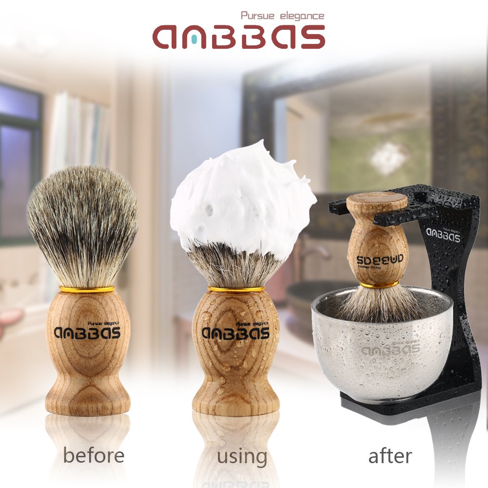 Anbbas men's gift set includes a pure badger hair shaving brush, badger shaving soap, and an acrylic shaving stand with bowl.