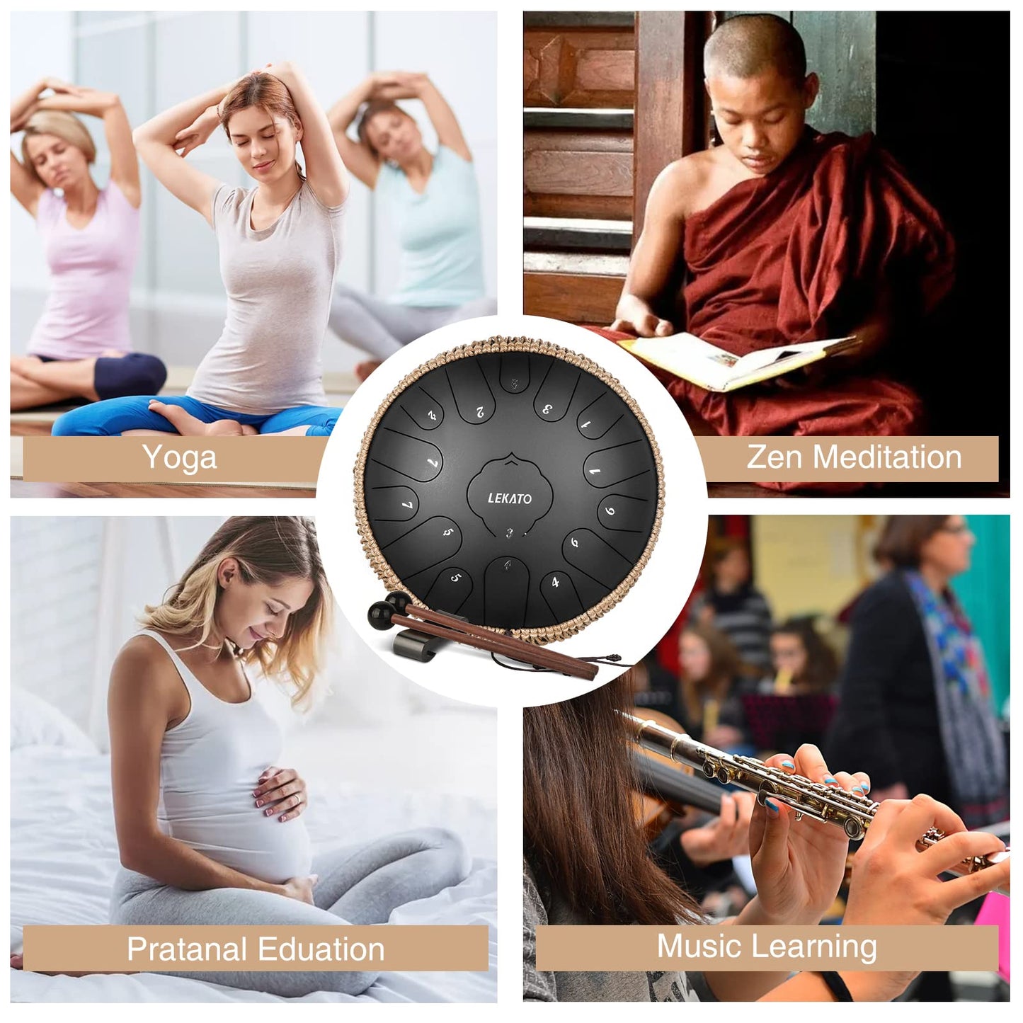 LEKATO Steel Tongue Drum, 13 inch, 15 Notes, Key of C, Handpan Drum with Carrying Bag, Percussion for Meditation, Yoga, Music Lessons, Black.