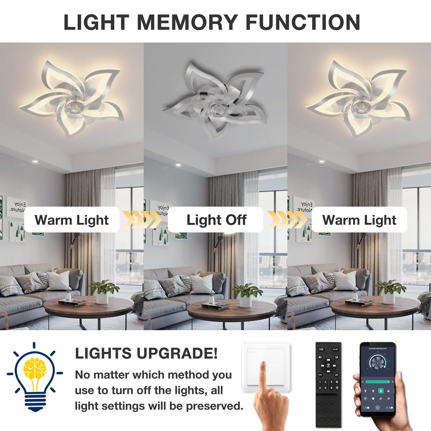 YUNLONG ceiling fan with lighting and remote control. Quiet chrome ceiling lamp with fan. Reversible DC motor, dimmable. Ceiling fan with 6 speeds for summer and winter operation.
