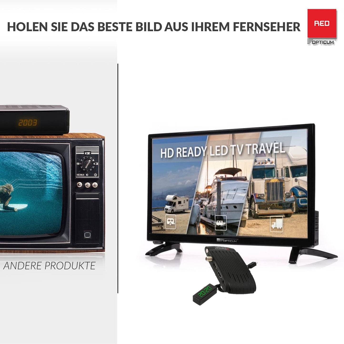 RED OPTICUM Camping Satellite Systems Complete Set HD I Mobile Satellite System with Opticum AX 300 Mini V3 Satellite Receiver - Single LNB - Camping Case Set - HDMI Cable and more. I complete Camping Satellite System