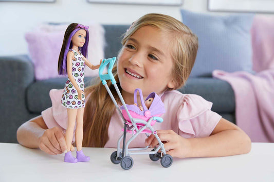 Barbie Skipper Babysitter Inc, Skipper with brown and purple hair, baby, stroller, baby carrier, accessories, total of 2 dolls, gift for kids, toy for ages 3+, GXT34