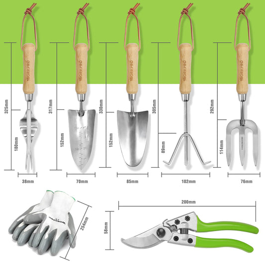 WORKPRO garden tool set, 8 in 1 gardening tools with storage bag, made of stainless steel, garden trowel with wooden handle, floral scissors, garden claw, hand cultivator, gift for gardeners.