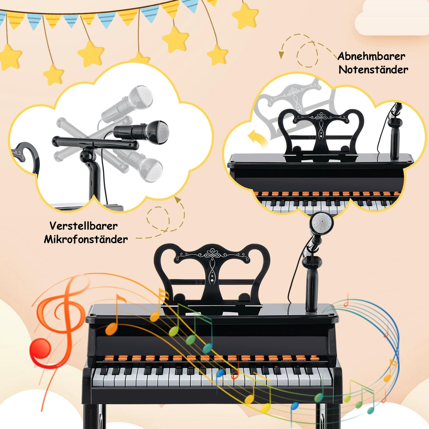 COSTWAY 37-Key Kids Keyboard, electronic child piano with stool, adjustable microphone & music stand, kids piano keyboard for children aged 3 and up (Black)