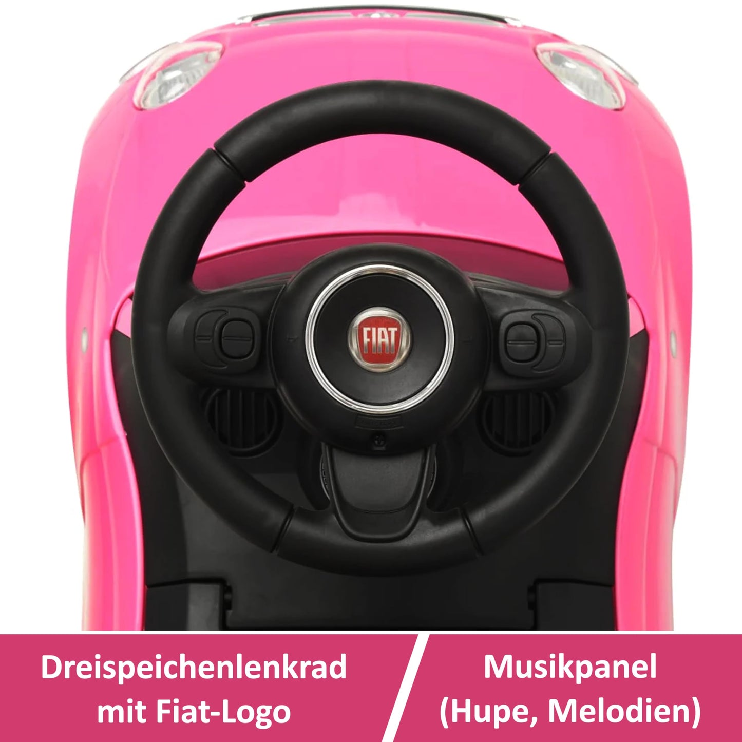 COIL FIAT 500 - Officially Licensed car with storage compartment under the seat, push and pull handle, various sounds -Bobby Car push handle -Bobby Car steering wheel -Toddler ride-on car (pink)