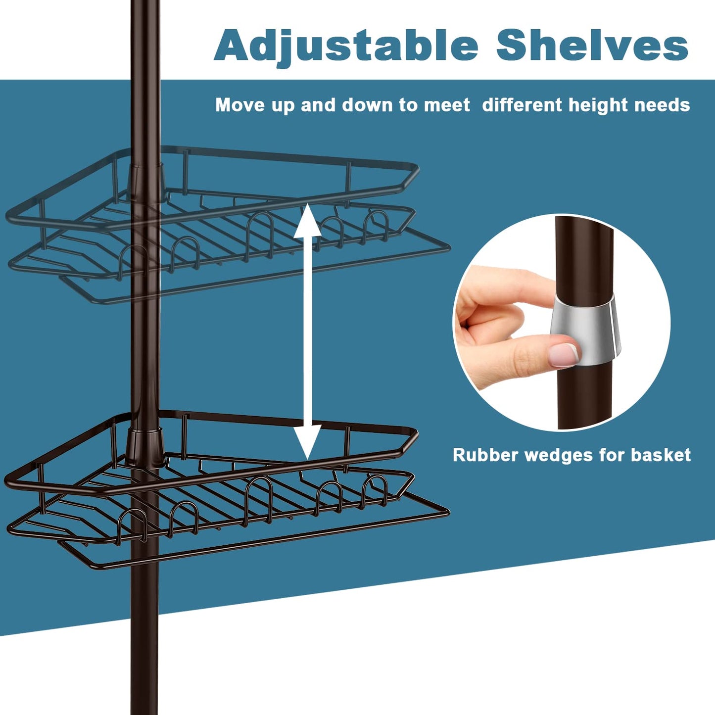 Bomclap 5-level telescopic shower shelf, metal corner shelf with towel holder, shower caddy without drilling with towel bar, shower corner for 137-290 cm height.