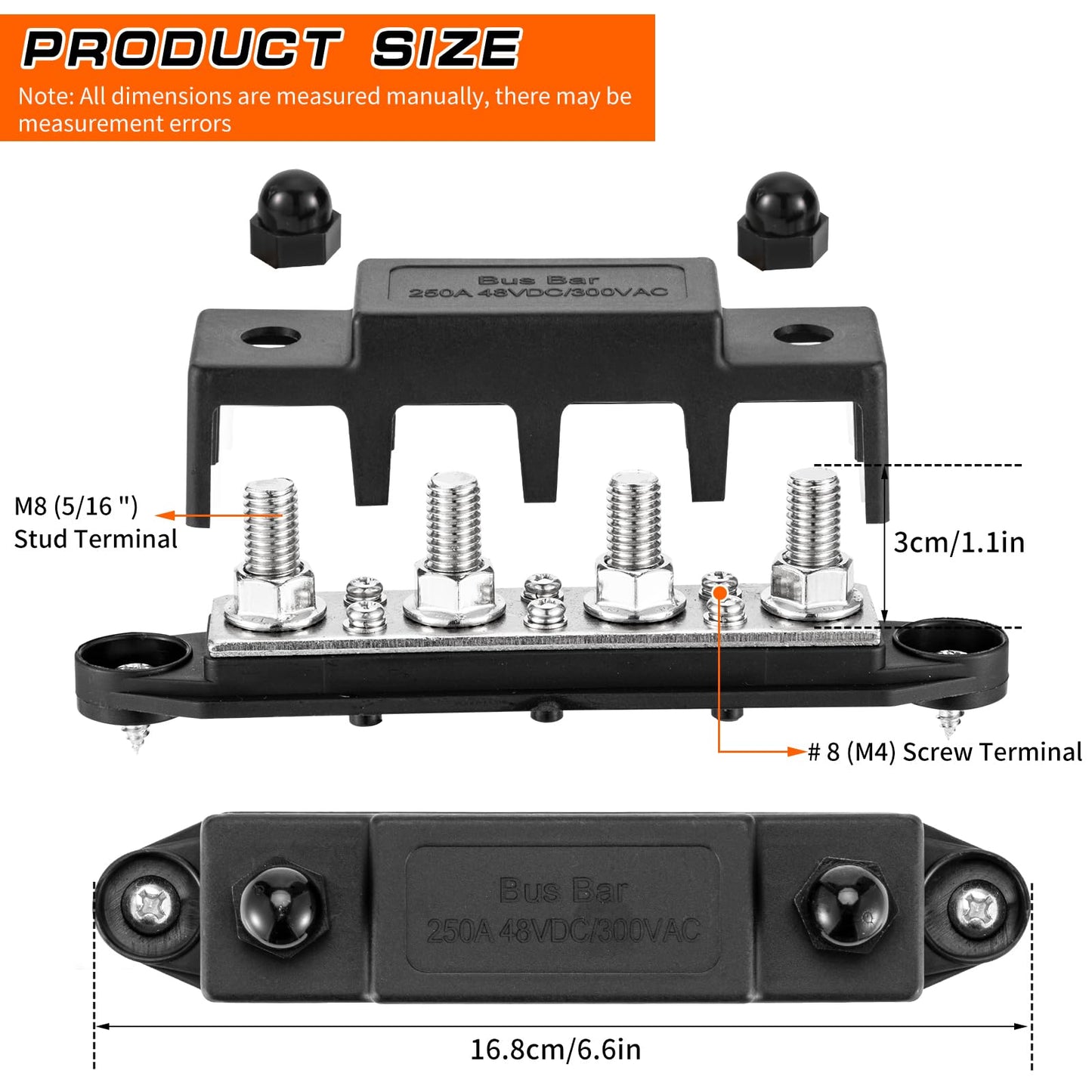 250A 12V busbar with 4 x M8 (5/16") terminal studs, DC bus bar distribution block with cover, negative & positive high power bus bar box for car, boat, solar system (M8)