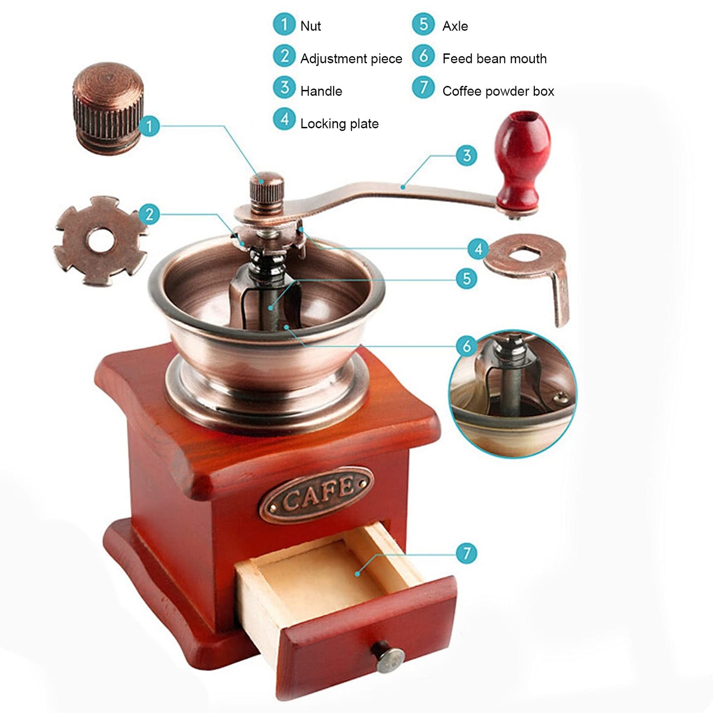 Manual coffee grinder, wooden hand mill with hand crank, coffee bean grinder, brown retro coffee grinder for drip coffee, French press.