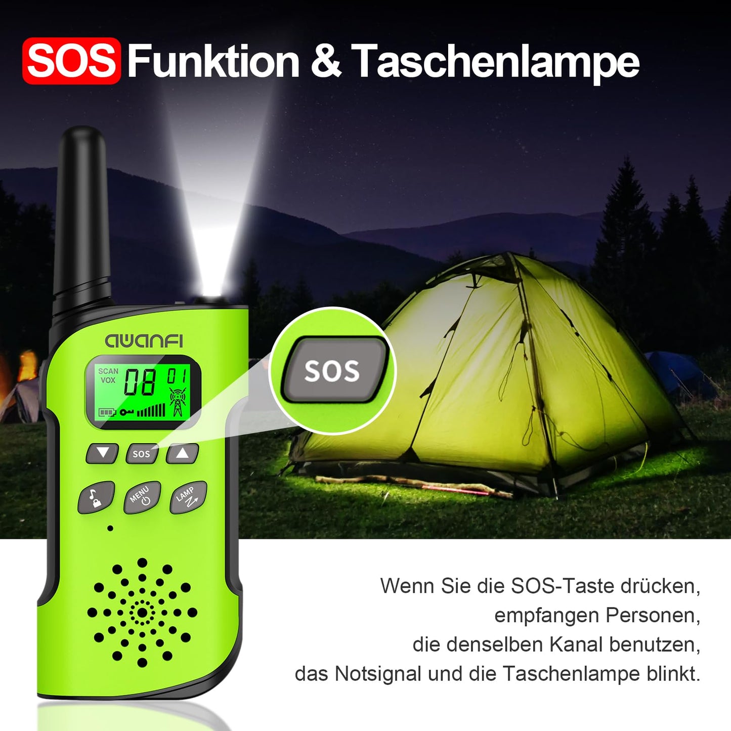 AWANFI Walkie Talkie for Kids, ages 3-12, rechargeable with Li-ion battery, radio set, walkie talkie with VOX, LCD flashlight, keypad lock, perfect gift for camping adventures.