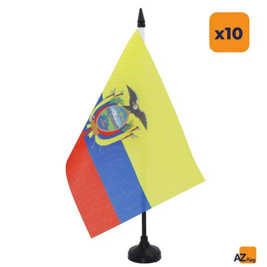 AZ FLAG - Pack of 10 Ecuador Table Flags, 21 x 14 cm – 10 small Ecuadorian Desk Flags, 100% Polyester, with 25 cm flagpole and black plastic base