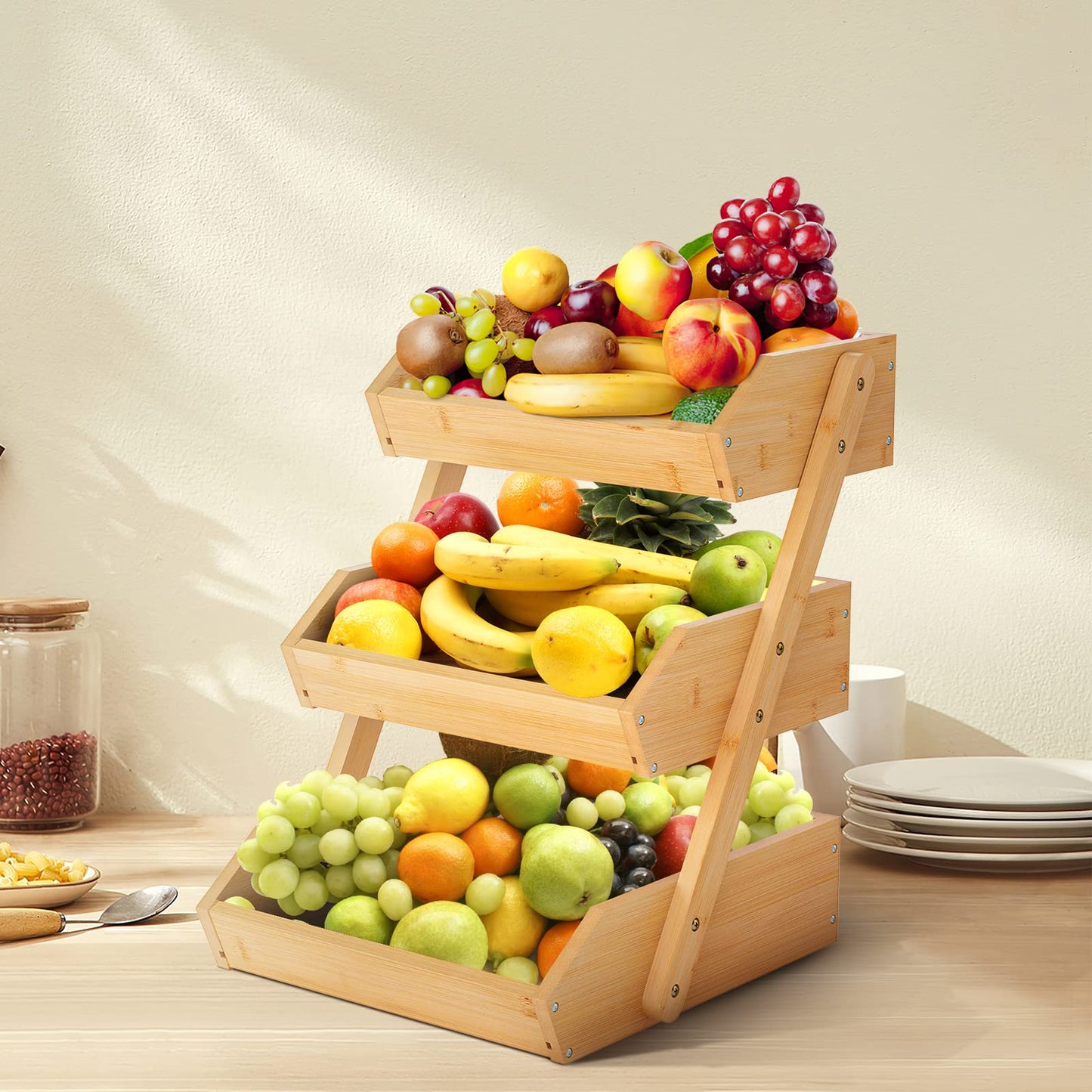G.a HOMEFAVOR Bamboo Fruit Basket 3-Tier Detachable Fruit Stand Storage Holder for Vegetables Snacks Bread Kitchen, Natural Color