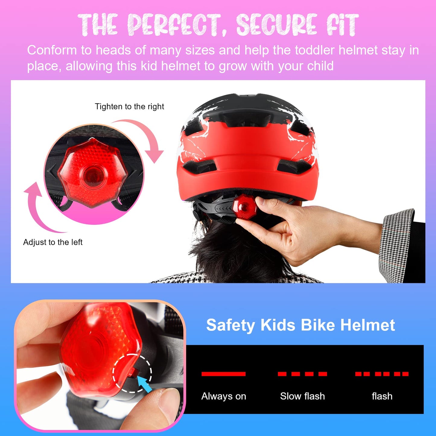 RaMokey Kids Bike Helmet, Bike Helmet with Light for Kids, Lightweight Kids Helmet with Adjustable Dial for Girls and Boys 50-56CM (ages 5-14) (Black+Red)