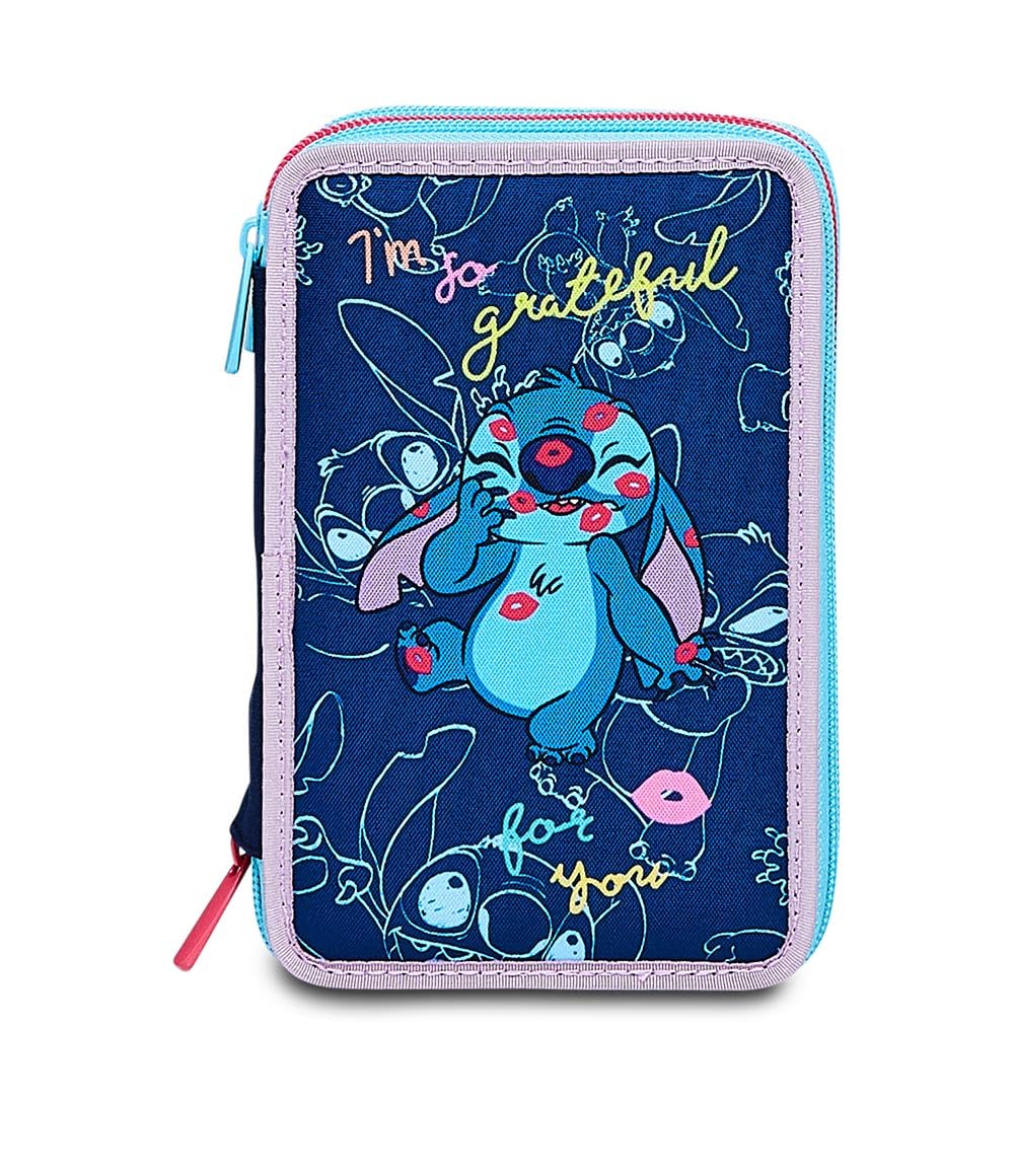 Seven pencil cases, multi-colored pouches with pencils, markers, and school supplies. Includes 3 compartments and perfect for girls in elementary school. XXL LILO&Stitch.