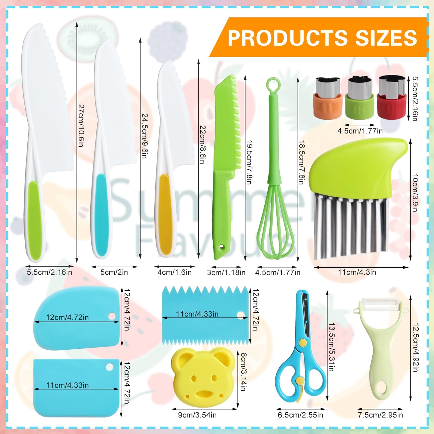 Cevikno Kids Knife Set - Wooden kitchen knife set for toddlers including cutting board, Y-peeler, crinkle-cutter. Montessori child-friendly knife (Yellow).