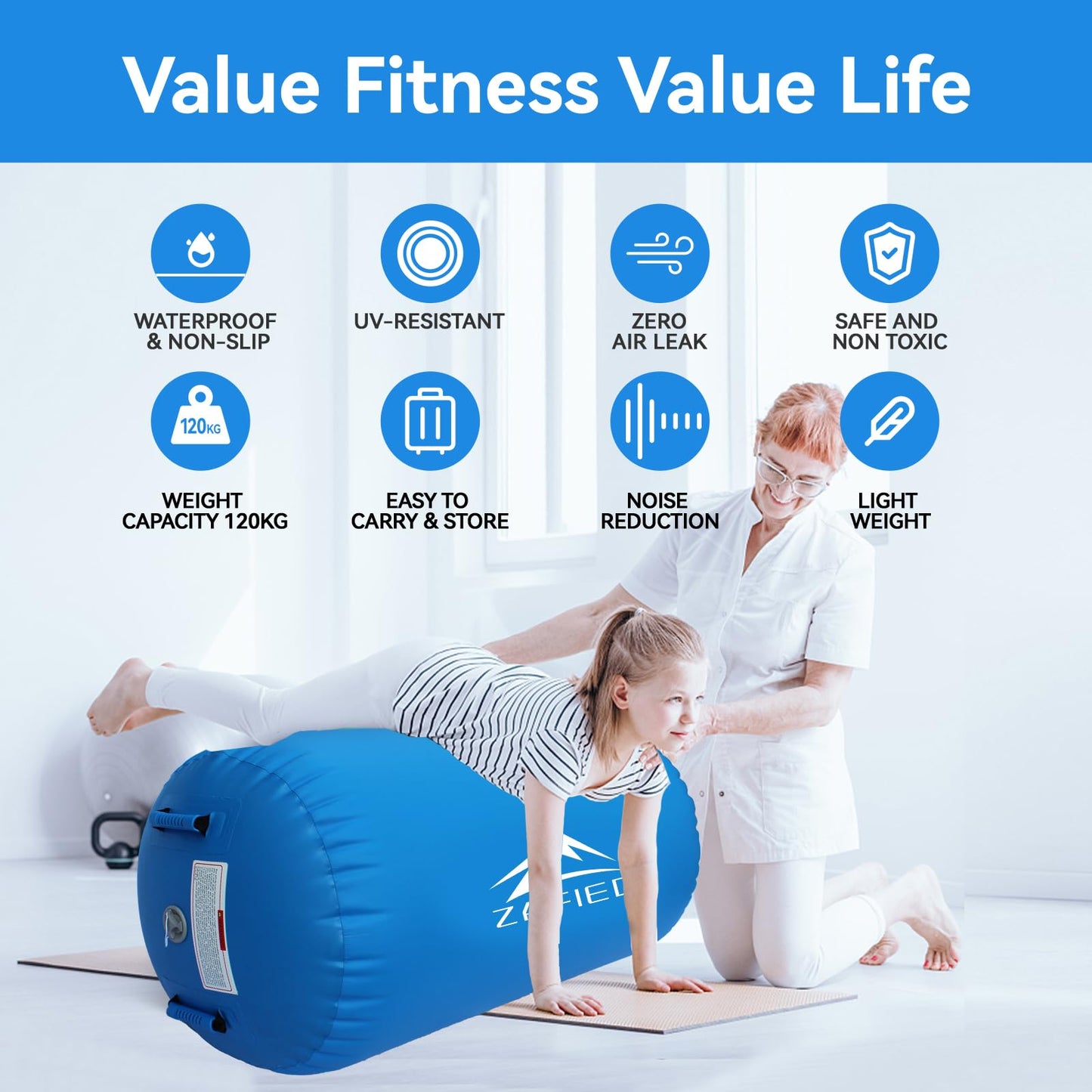 Air Roll Gymnastics, Inflatable Air Barrel Gymnastics Yoga Roller with Air Pump Tumbling Mats Training Mat Gymnastics Fitness Roller