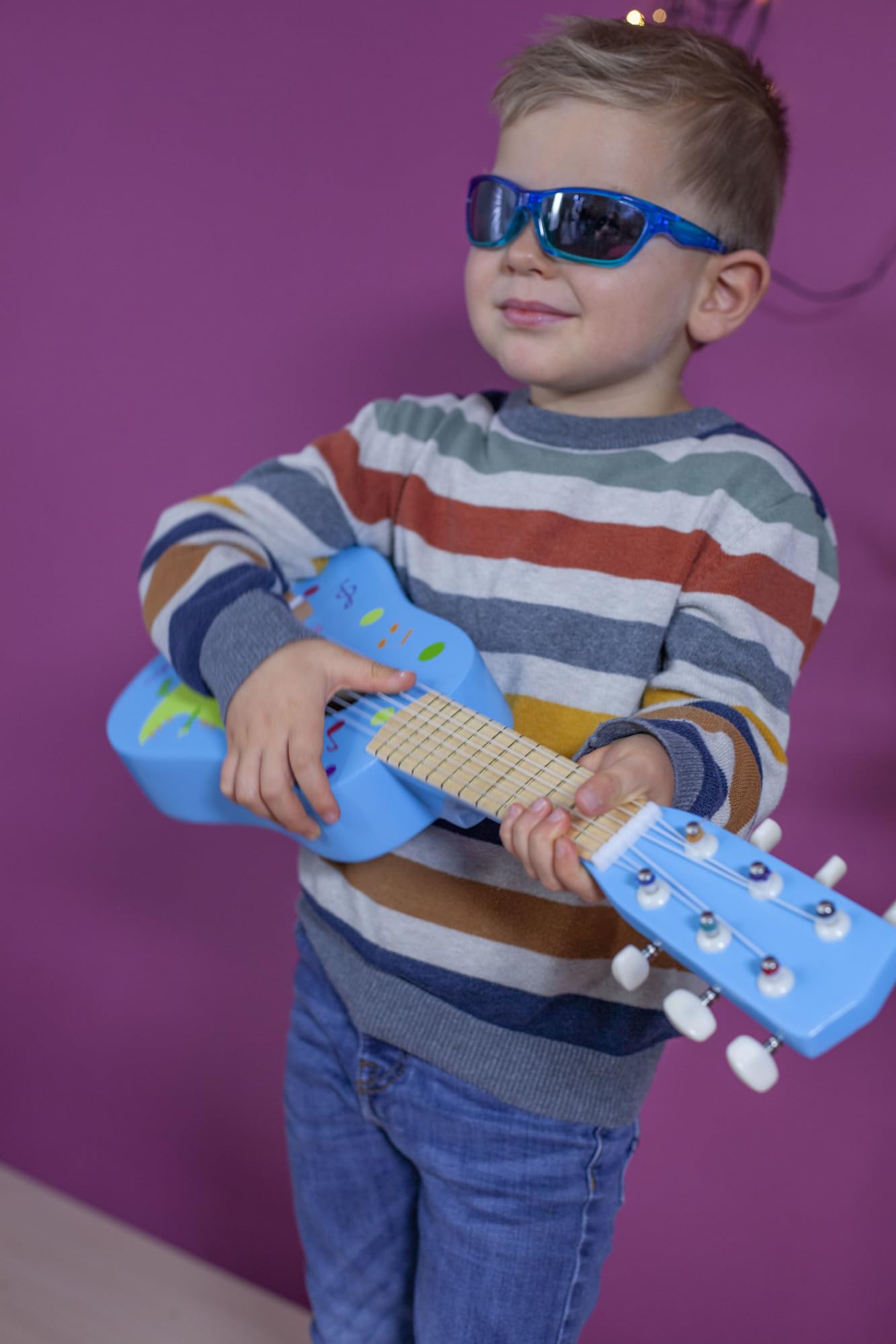 Squirrel - Guitar for Kids - Blue children's guitar, tunable nylon strings, wooden toy, with dinosaur, wooden guitar for boys and girls from 3 years old.