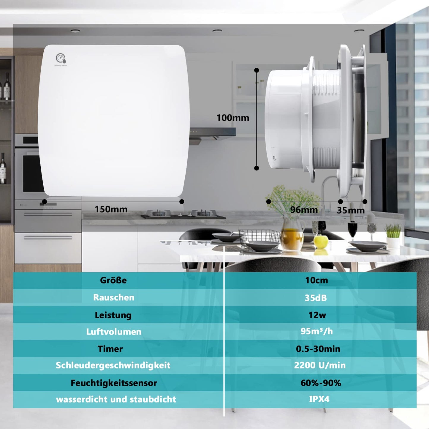 Gimisgu Bathroom Exhaust Fan with Moisture Sensor. Quiet 100mm exhaust fan with timer and backdraft damper. Wall-mounted fan for kitchen, WC, and bathroom. White color.