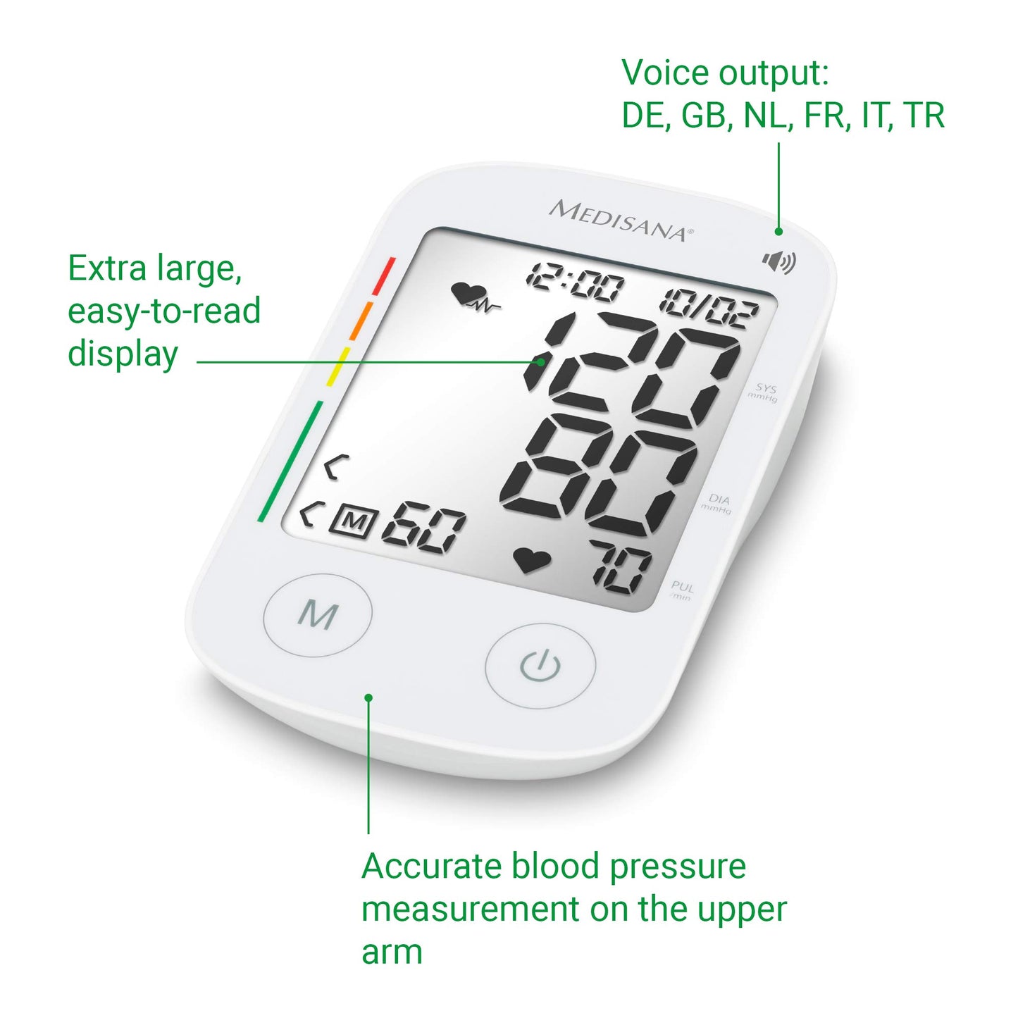 medisana BU 535 Voice upper arm blood pressure monitor with voice output, blood pressure and pulse measurement with memory function, traffic light scale, blood pressure cuff with detection of an irregular heartbeat.