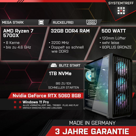 SYSTEMTREFF Gaming PC AMD Ryzen 7 5700X 8x4.6GHz | Nvidia RTX 5060 8GB DX12 | 1TB M.2 NVMe | 32GB DDR4 RAM | Windows 11 | WLAN Desktop Computer for Gamers, Gamers & Streamers