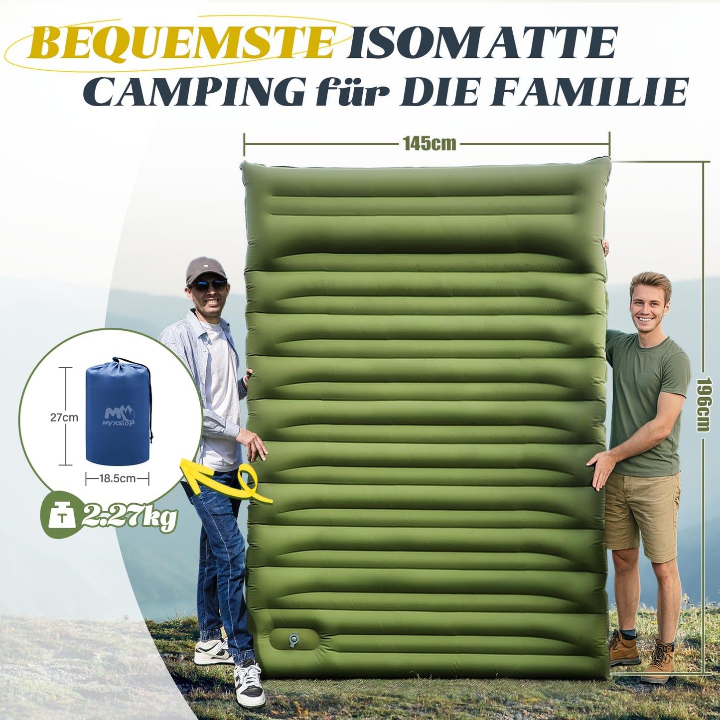 Myxslop self-inflating camping mat, 12CM double mattress, ultralight air mattress sleep mat for 2 people, compact size with foot pump & pillow for travel, outdoor, hiking, tent, beach.