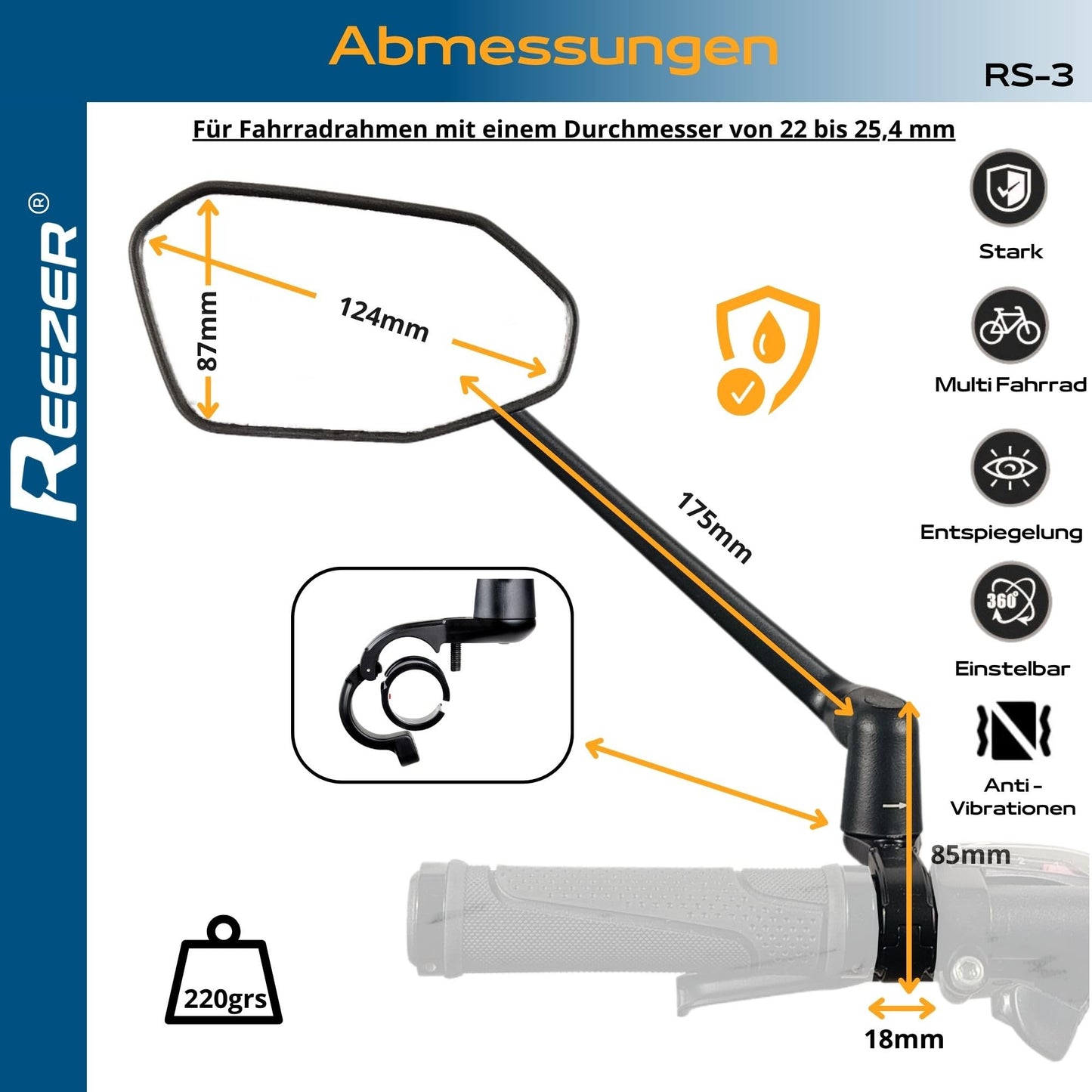REEZER Bike Mirror RS3 left with extra large mirror surface - 360° adjustable bike mirror for E-bike & E-scooter handlebars - rear mirror compatible with all models - RIGHT