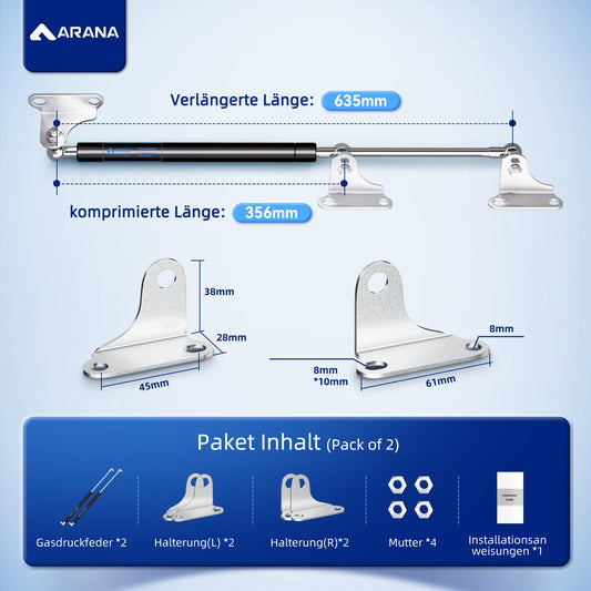 ARANA 635mm 445N 45kg gas springs, 60cm gas dampers hydraulic strut for cabinet door attic hatch camper furniture flaps and creative DIY applications, 2 pieces