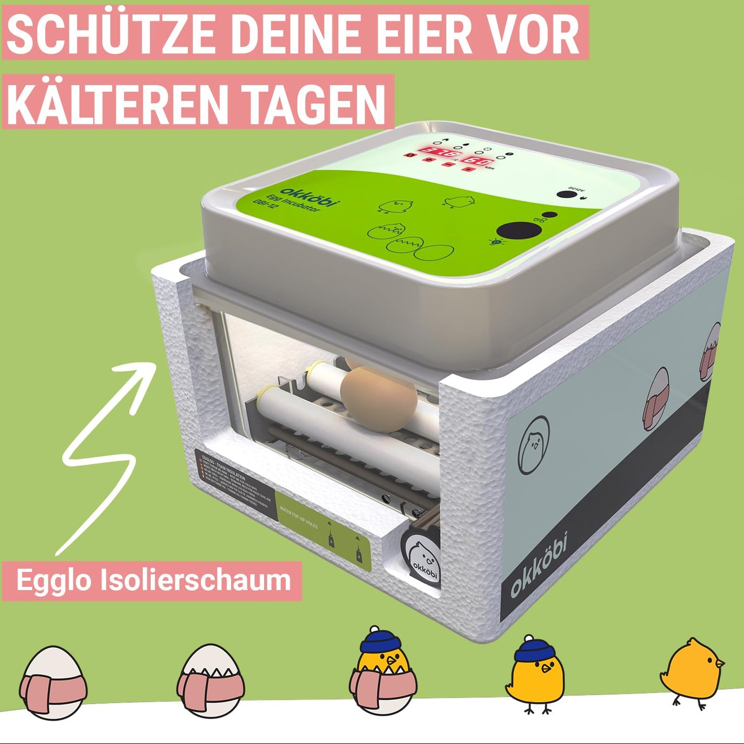 Incubator Fully Automatic 12 Eggs - Ideal for all age groups | Hatching Chickens Egg Turning and Moisture Control - Integrated Eggshell + 5 Year Protection - Okköbi OBI-12