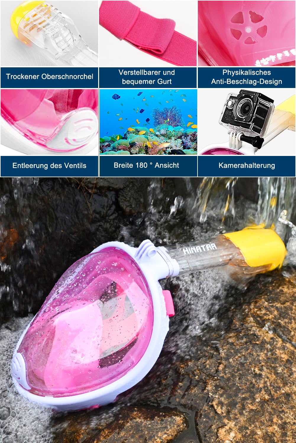 HINATAA Snorkel Mask, 180° Full Face, Diving Mask, Free Breathing, Anti-Fog and Anti-Leak Technology with Adjustable Head Straps for Adults, Teens, Kids (Pink, L-XL)