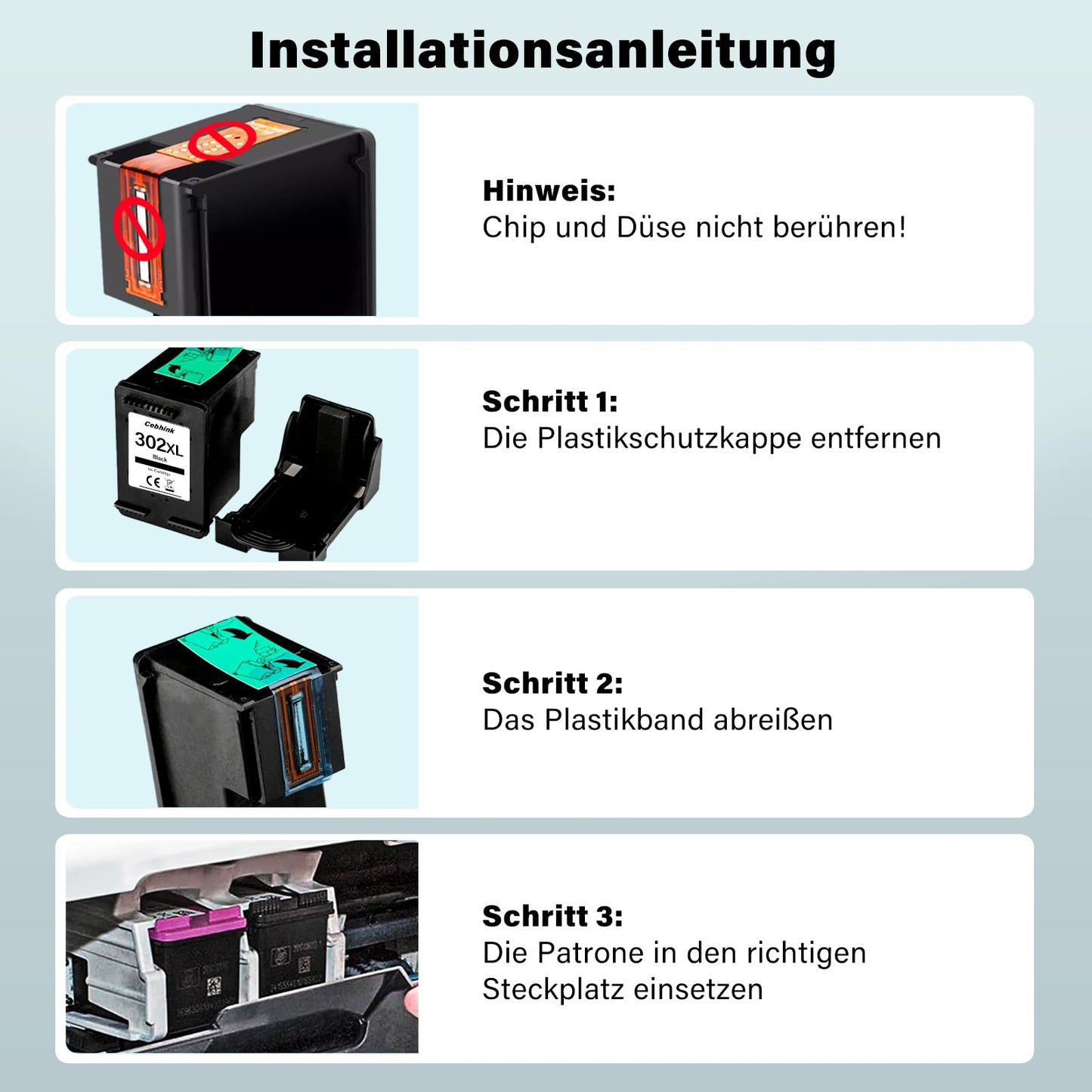 302 XL black printer cartridges replacement for HP 302 black printer cartridges. Compatible with HP Envy 4520 4522 4525 4527 DeskJet 3630 3636 3638 3639 3633 2130 OfficeJet 3831 3830 3833 5220 5230. 1 black.