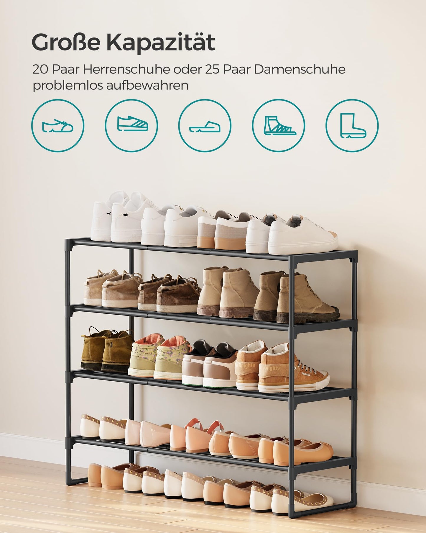 SONGMICS 4-tier shoe rack, made of metal, shoe storage, shoe organizer, can be used vertically or horizontally, holds 20-25 pairs of shoes, stackable, for hallway, 30 x 92 x 75 cm, black LSA14BK