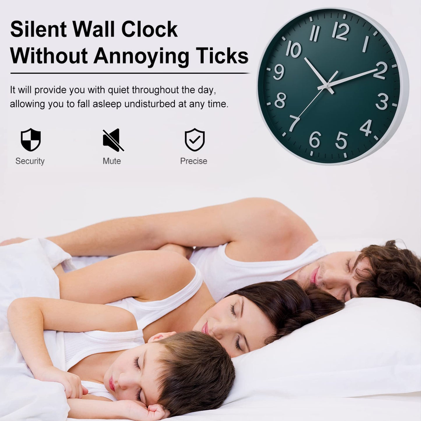 HZDHCLH 30cm Silent Wall Clock with Sweeping Second Hand, Arabic Numerals, No Ticking for Home Decoration Living Room, Kitchen, Office, Bedroom (Dark Green)
