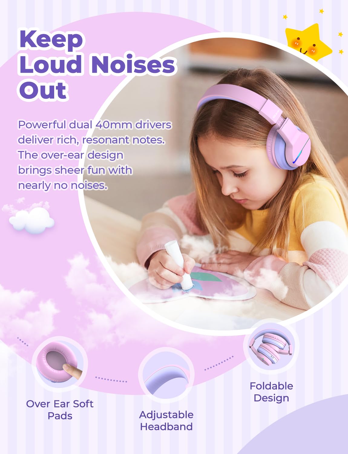 iClever Bluetooth Kids Headphones, Colored LED Lights, Over-Ear Kids Headphones with 74/85dBA Volume Limiting, 85 Hours Playtime, Bluetooth 5.2, Built-in Microphone BTH12