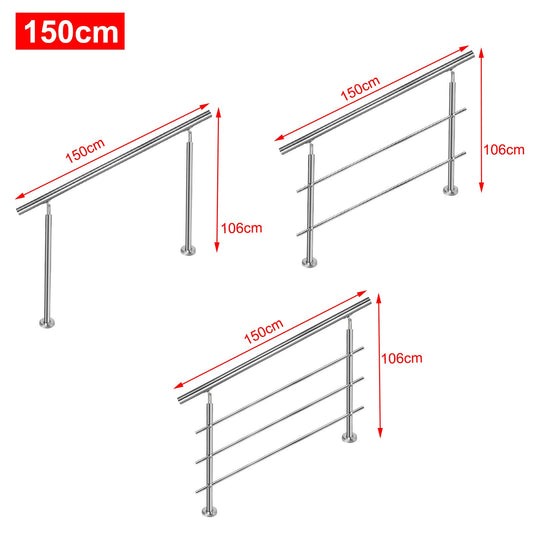 Auf un Stainless Steel Handrail 150cm Staircase Railing Inside and Outside with 2 Posts for Stairs, Balustrade, Balcony (150cm, 0 Crossbars)