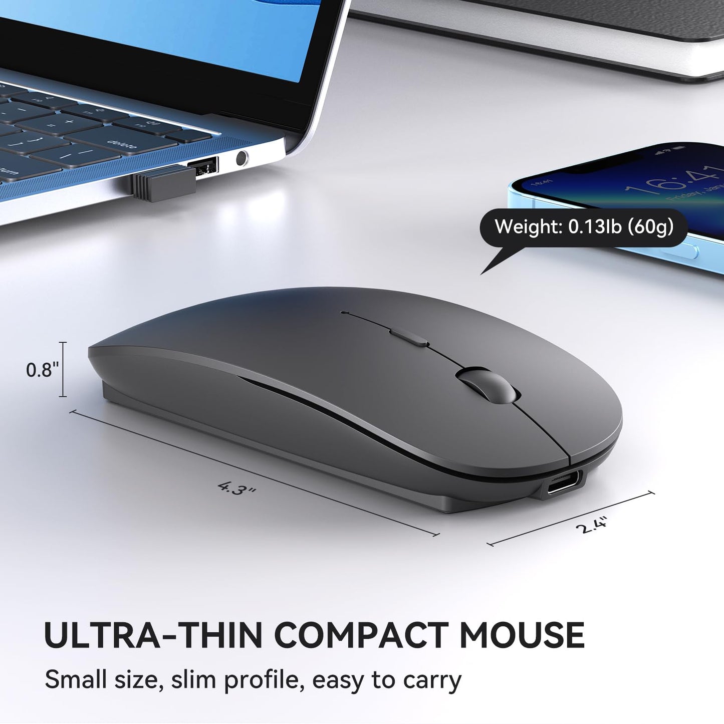 RaceGT Wireless Mouse USB-C & USB-A, Rechargeable Mouse 2.4GHz Silent click 3 Adjustable DPI levels with 4 buttons, with ON/OFF switch for Computer Laptop PC Macbook Pro/Air Chromebook