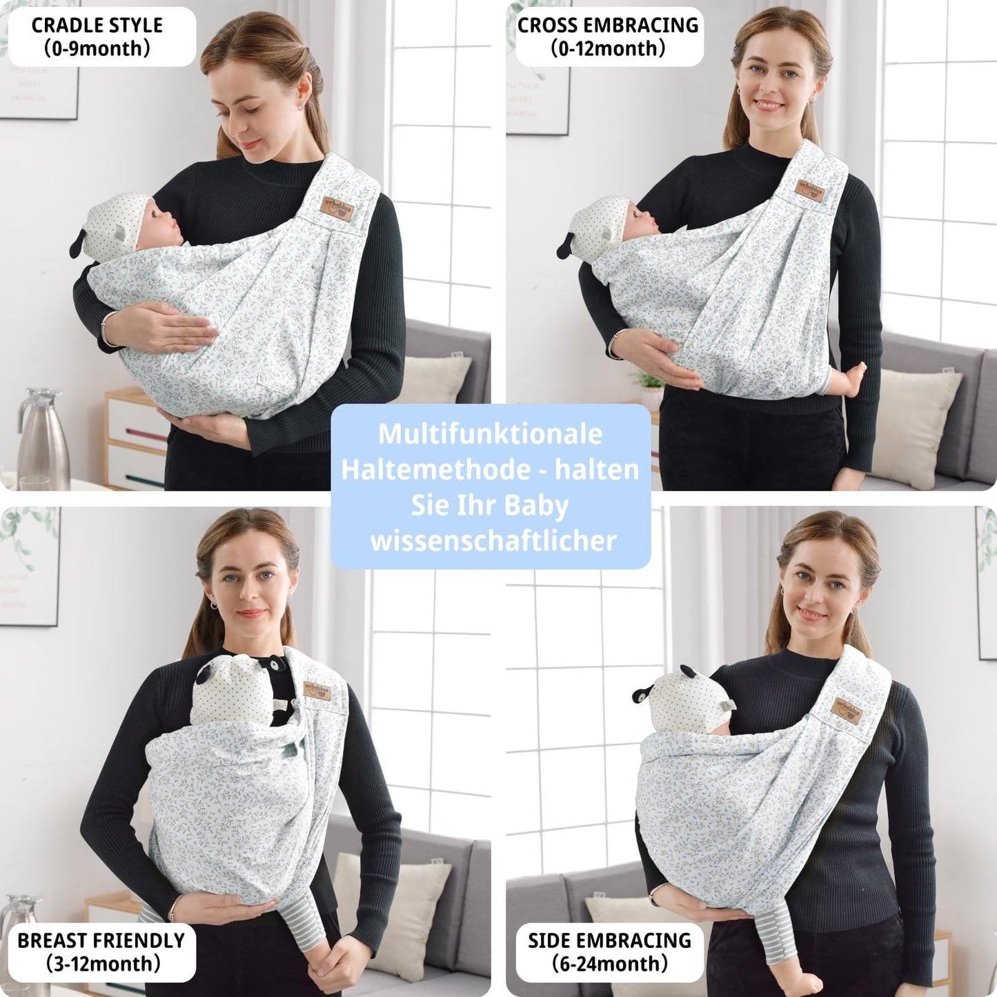 vrbabies Baby Carrier, Baby Wrap Front Carrier for newborns to toddlers, New upgraded adjustable baby carrier on one shoulder for babies 0-24 months up to 40 lbs (Small blue flower)