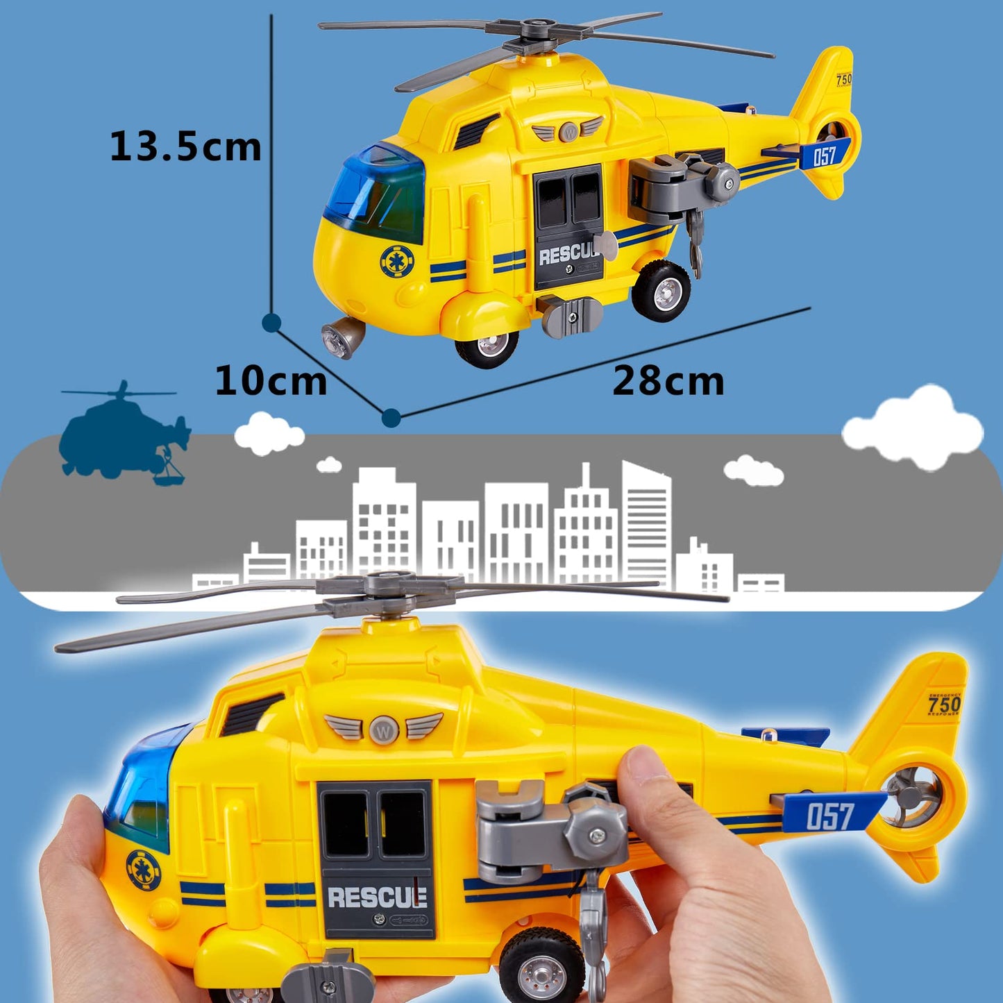 HERSITY helicopter toy with rotating propeller, airplane toy big lights and sounds helicopter kids toy with moving winch, stretcher, 28cm, gift for boy 3 4 5 years.