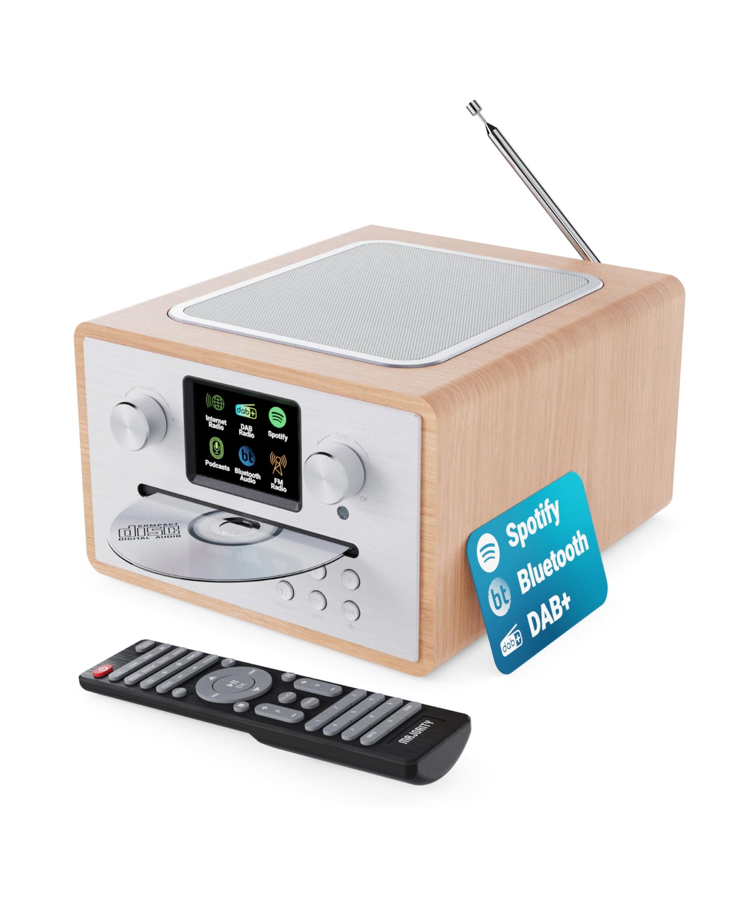 Internet radio with CD player & DAB Plus | Kitchen radio with Bluetooth & FM Radio | Digital radio with Spotify Connect, Podcasts | EQ, color display, includes remote control | MAJORITY Homerton (Oak)
