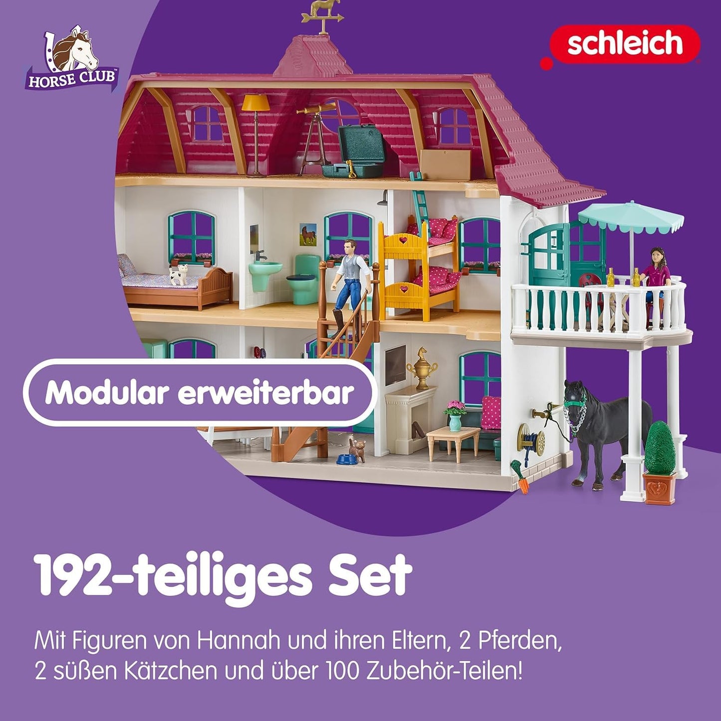 SCHLEICH Horse Club | Lakeside Equestrian Center 42551 | Set includes house with horse stable, 2 horses, Hannah, her parents & accessories | great gift for kids | horse toy for ages 5+ | 192 pieces