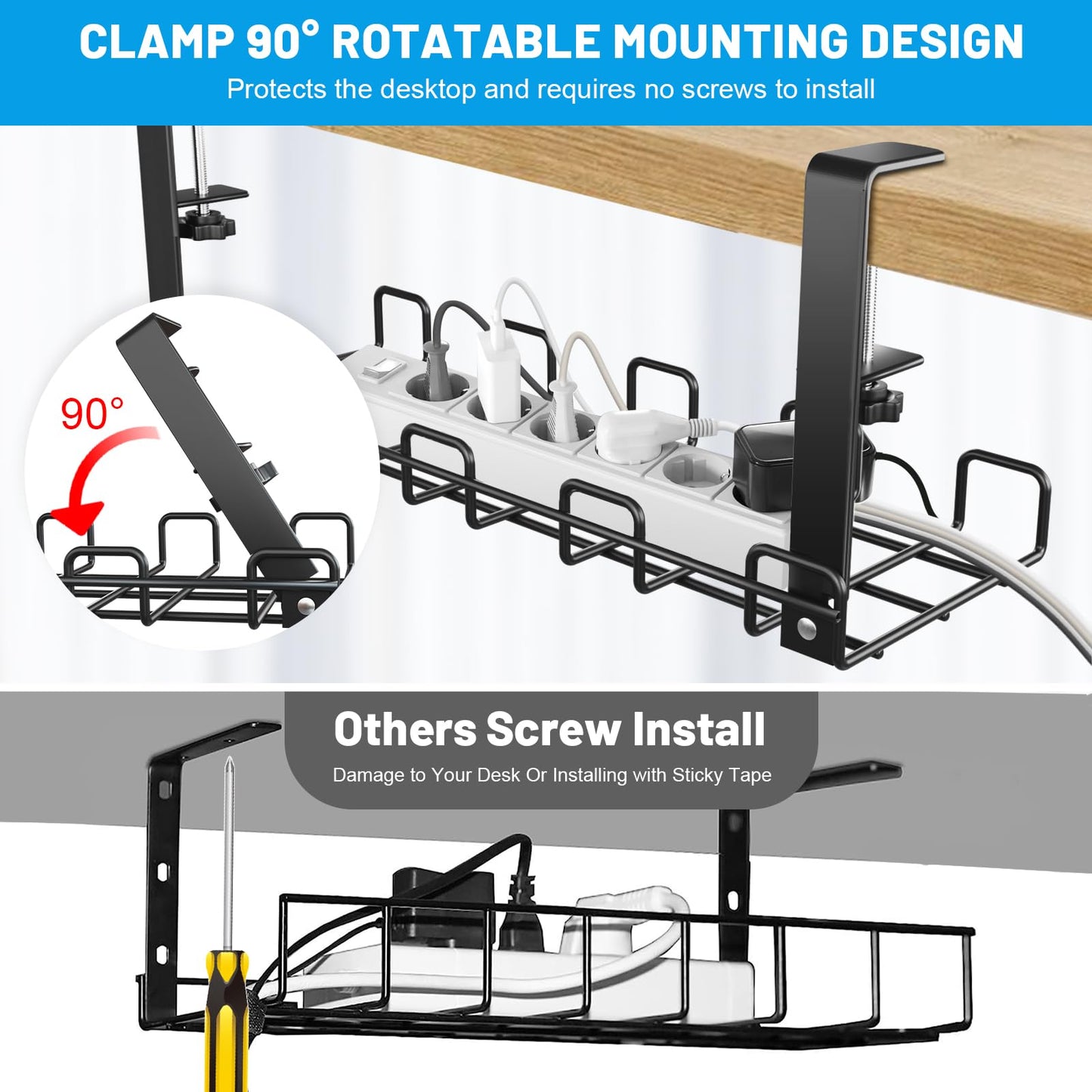 Lannvan Cable Management Desk without Drilling - 2 Pack Steel Desk Cable Organizer - Includes Accessories - Clampable Cable Tray Under Desk - Desk Organizer for Office/Home - Black