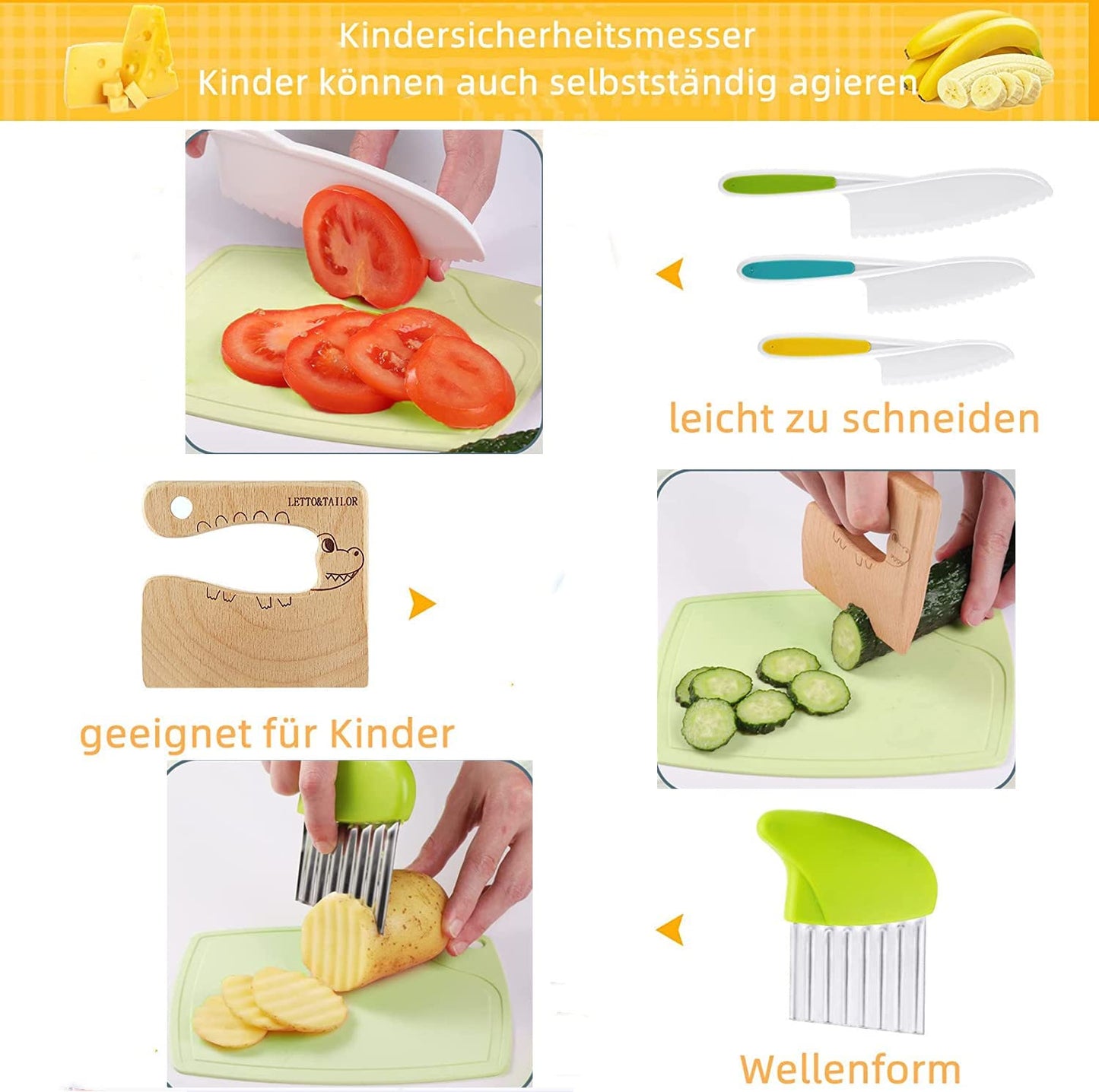 47-piece children's kitchen knife set with dinosaur cookie cutters and kid-friendly knives for cutting cakes, cookies, fruit, sandwiches, and vegetables.