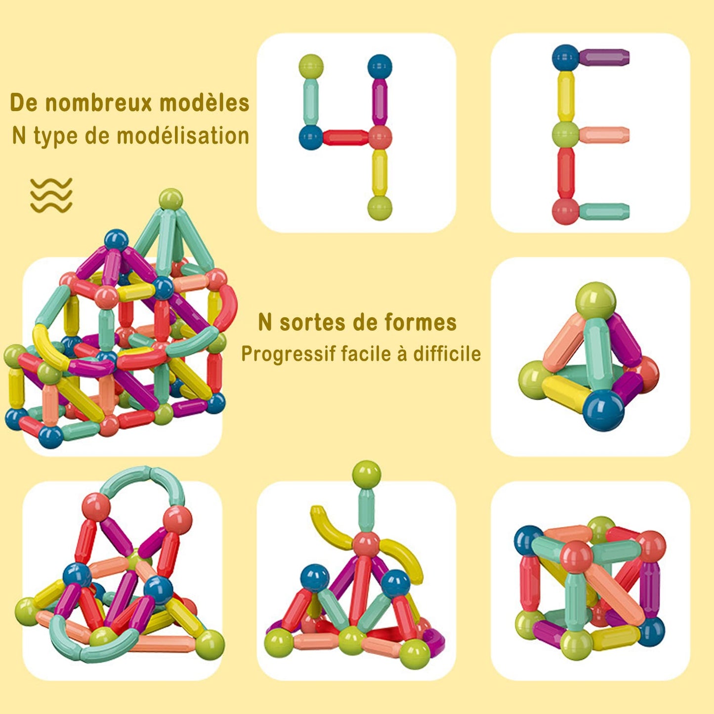 100 pieces of magnetic building blocks for children ages 2, 3, 4, 5, 6, 7. Educational magnet toy for kids, Montessori learning game with balls and rods. Perfect gift for girls and boys.