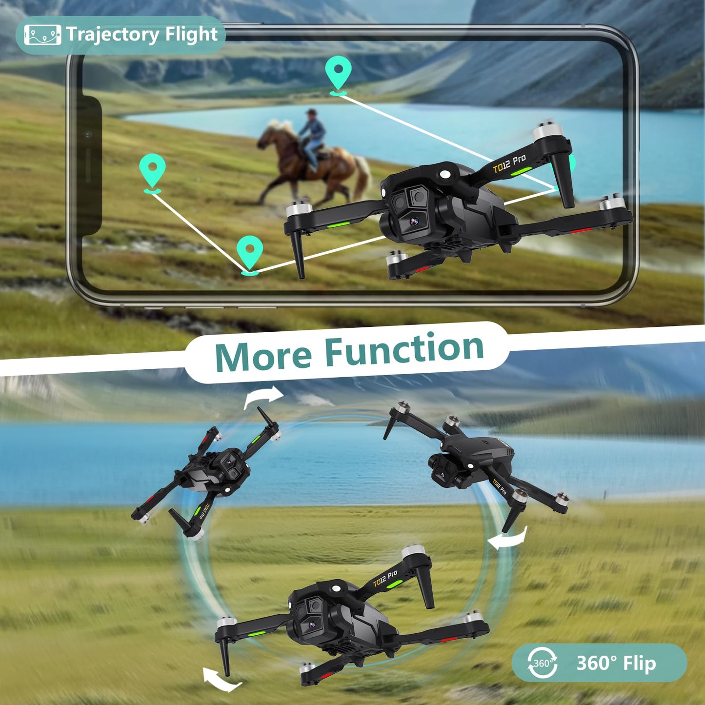 Toladrone TD12Pro drone with 1080P camera, brushless motor, altitude hold, headless mode, 2 cameras, foldable FPV quadcopter for beginners.