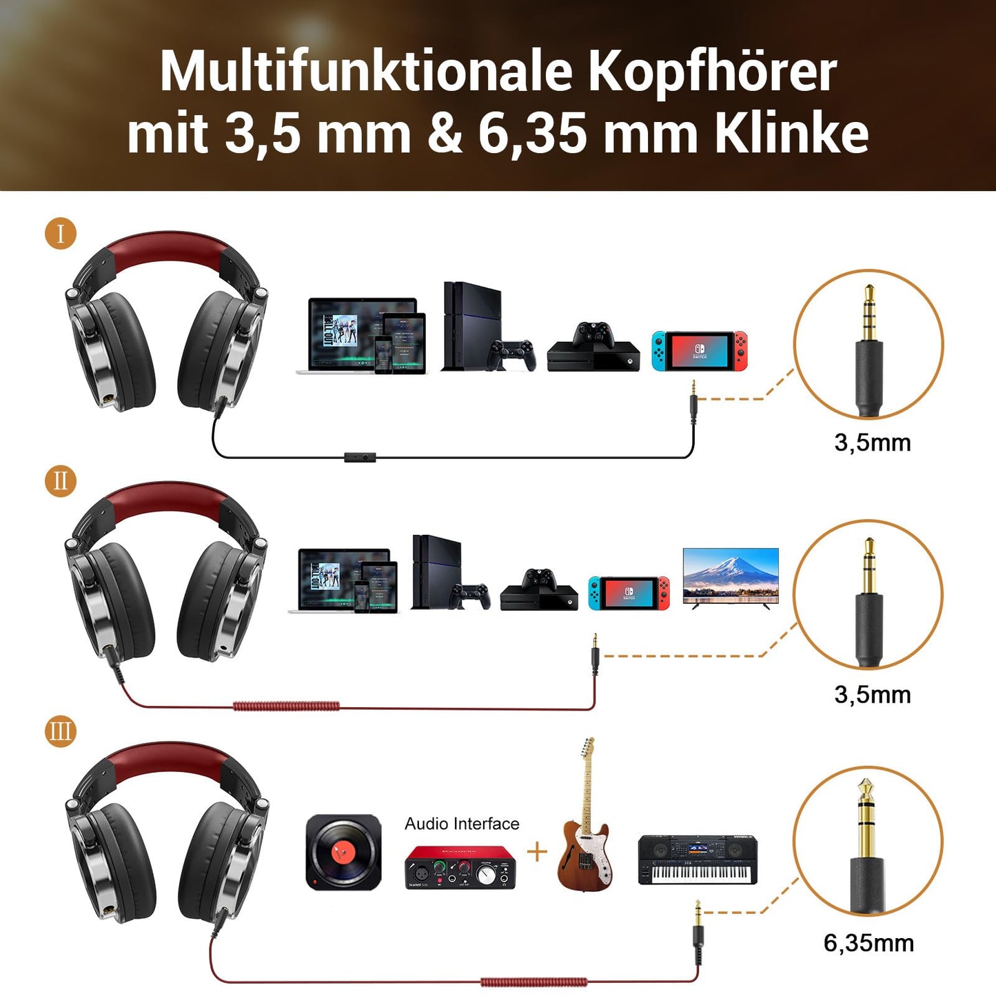 OneOdio over-ear headphones with cable, 50mm drivers, bass sound, 6.35 & 3.5mm jacks, share port, closed-back DJ headphones for studio, podcast, monitoring, phone, PC, MP3/4 (Pro-10 Red)
