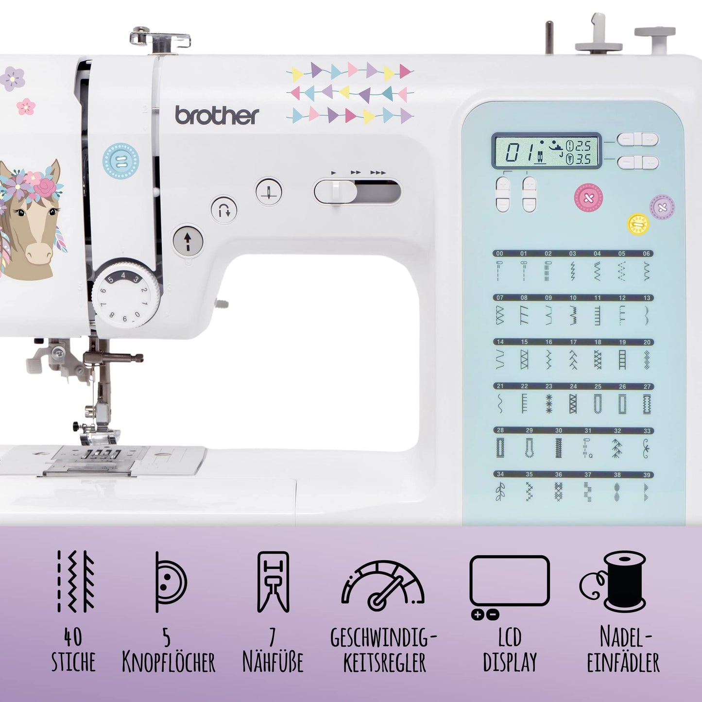 Computerized sewing machine for beginners & advanced sewers: brother FS-40s kullaloo edition, including sewing kit, finger guard & stickers.