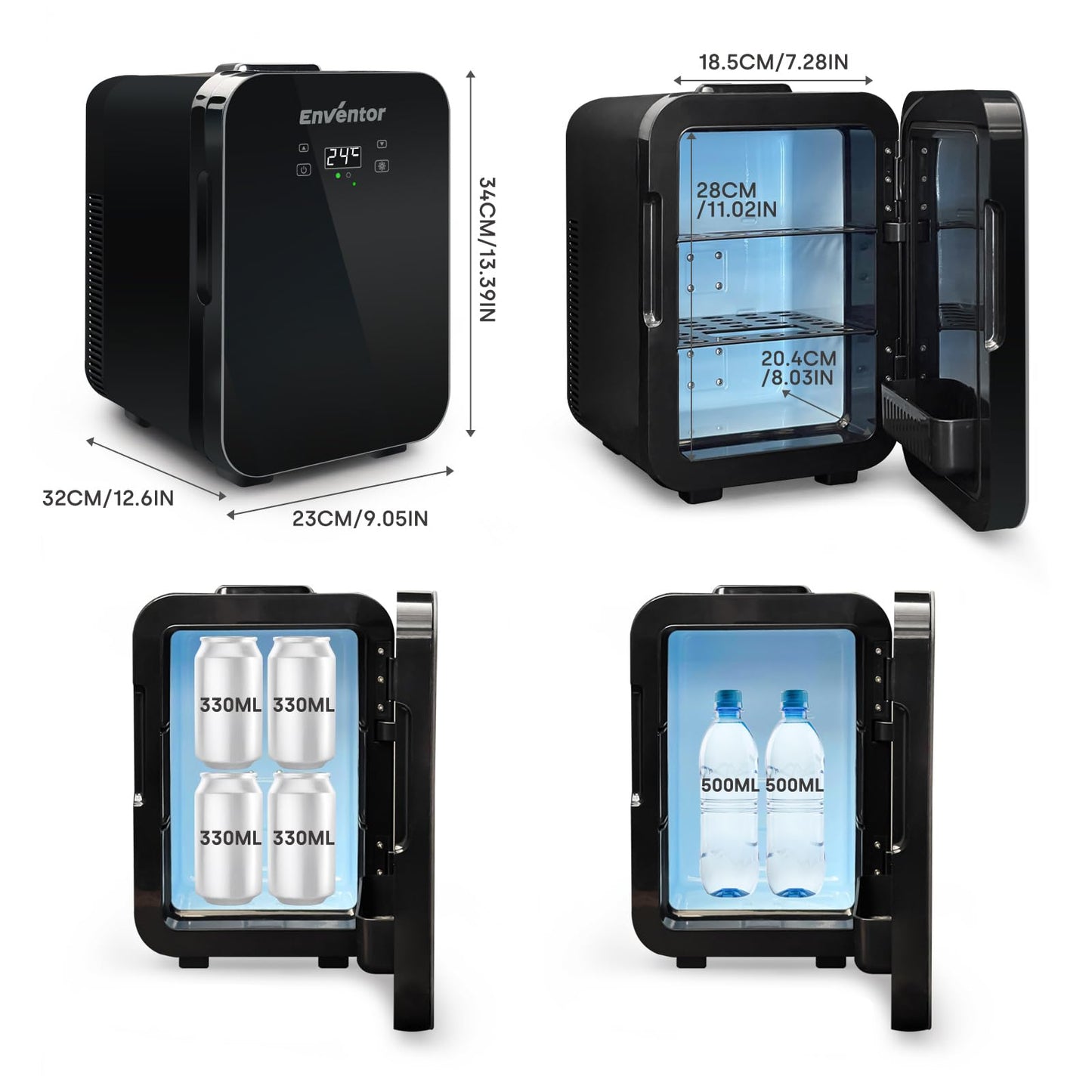 Enventor Mini Fridge 10 Liter, Cooler and Warmer, 220V AC + 12V DC, Portable Mini Fridge with LCD Temperature Display for Car, Travel, Cosmetics, Drinks, Food (Black)
