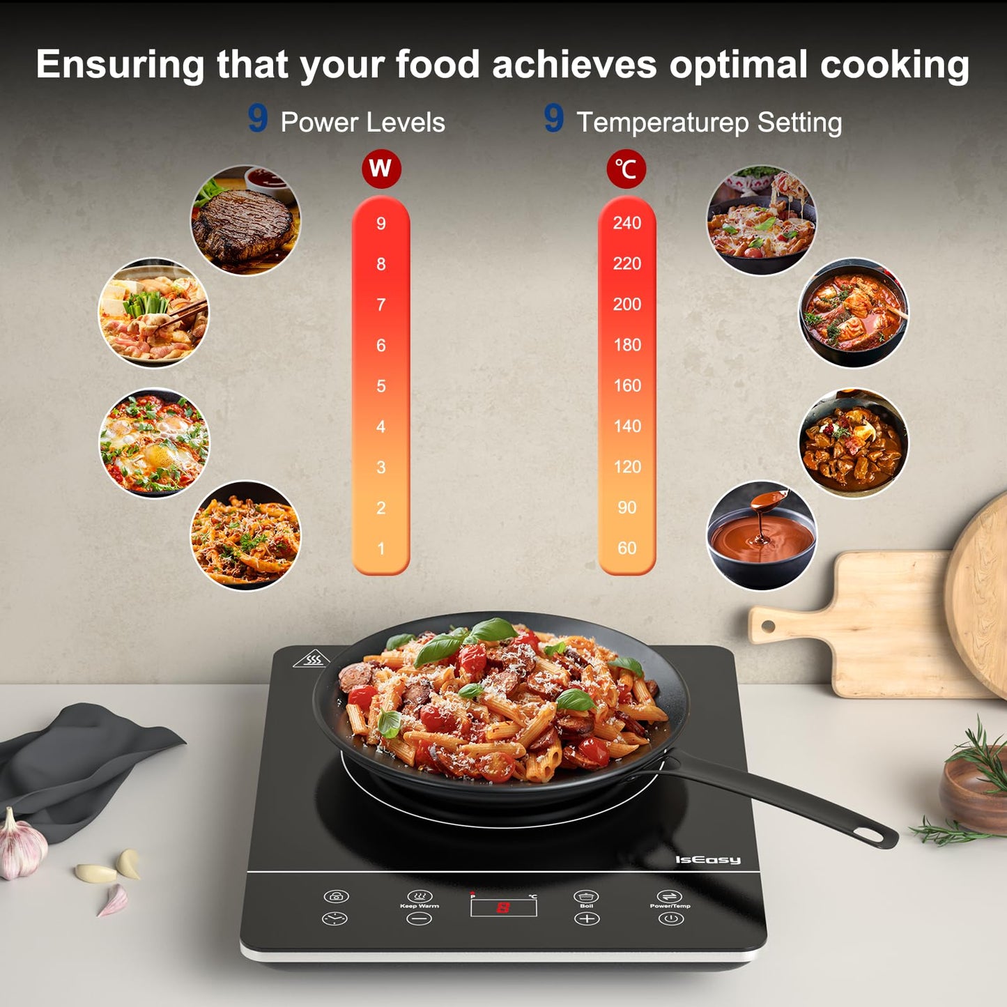 IsEasy Induction Cooktop 1 Plate, Single Induction Hot Plate 2100W, 9 Power Levels, 9 Temperature Settings, 28cm Induction Cooktop with 8-Hour Timer, Child Lock, Black, 220-240V.