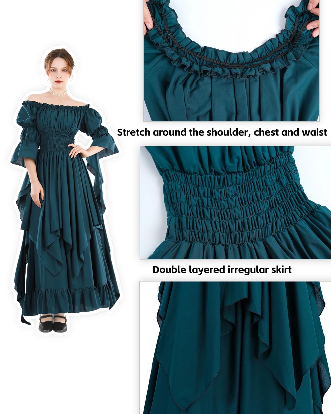 Fiamll Victorian Dress Renaissance Costume Women Gothic Witch Dress Medieval Maxi Dress Ladies Wedding Dress (Peacock Green L/XL)