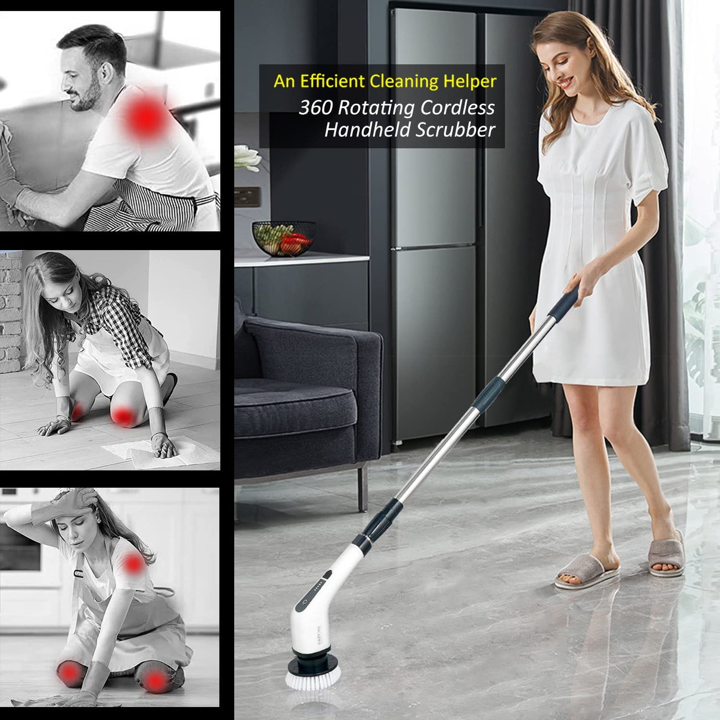Electric cleaning brush, FARI shower cleaning brush with 8 interchangeable drill brush heads, cordless scrubber with adjustable handle, bathroom and shower cleaner.